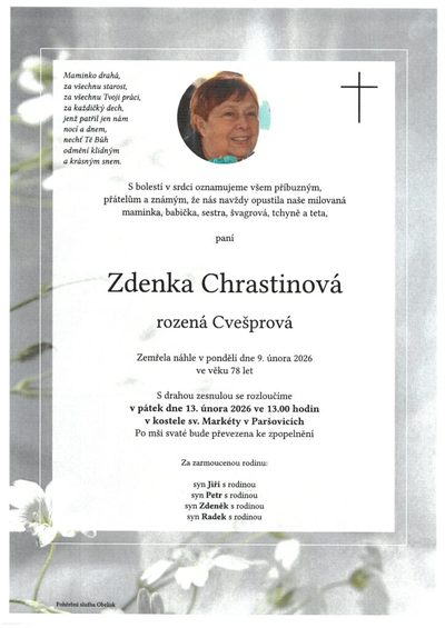 Smuteční oznámení – Zdenka Chrastinová