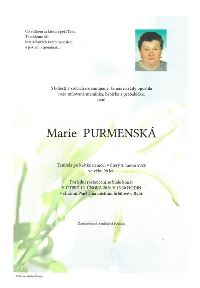 Smuteční oznámení – Marie Purmenská