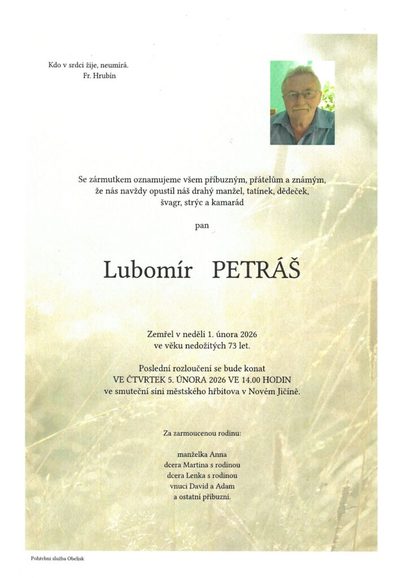 Smuteční oznámení – Lubomír Petráš