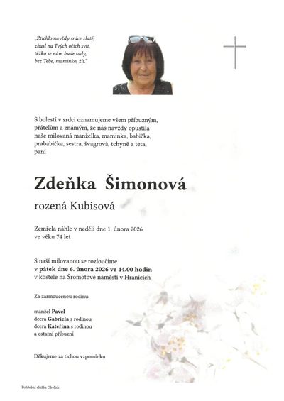 Smuteční oznámení – Zdeňka Šimonová