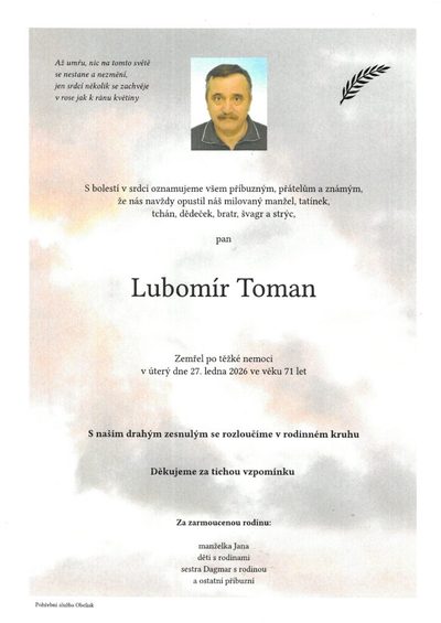 Smuteční oznámení – Lubomír Toman