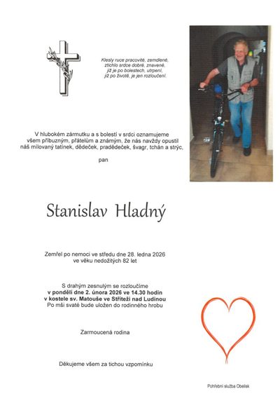 Smuteční oznámení – Stanislav Hladný