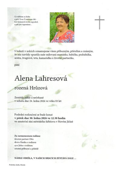 Smuteční oznámení – Alena Lahresová