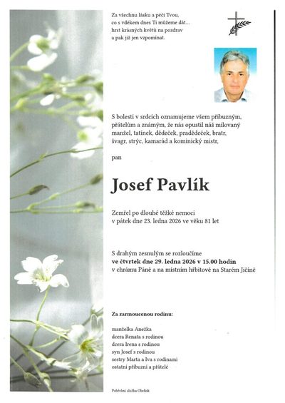 Smuteční oznámení – Josef Pavlík
