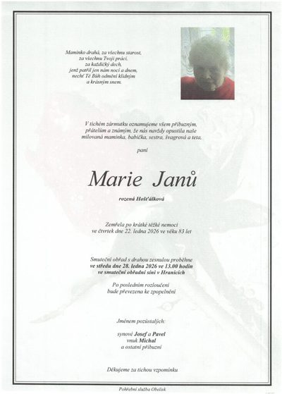 Smuteční oznámení – Marie Janů
