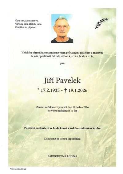 Smuteční oznámení – Jiří Pavelek