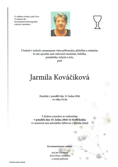 Smuteční oznámení – Jarmila Kováčiková