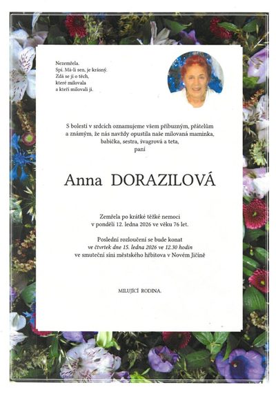 Smuteční oznámení – Anna Dorazilová