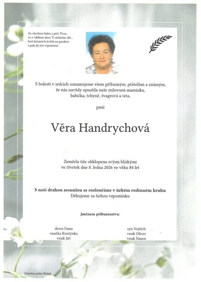 Smuteční oznámení – Věra Handrychová