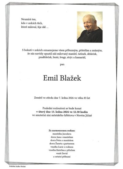 Smuteční oznámení – Emil Blažek