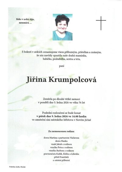 Smuteční oznámení – Jiřina Krumpolcová