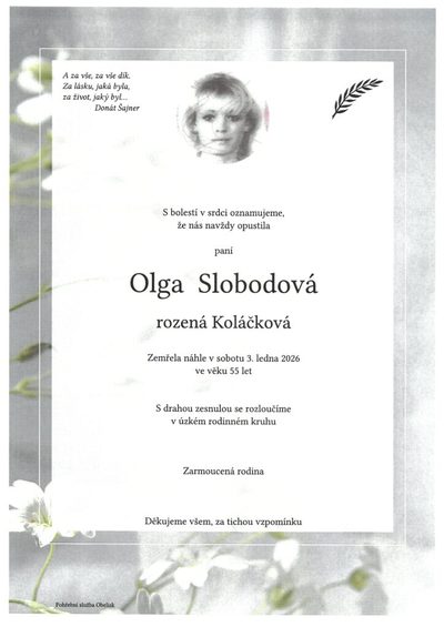 Smuteční oznámení – Olga Slobodová