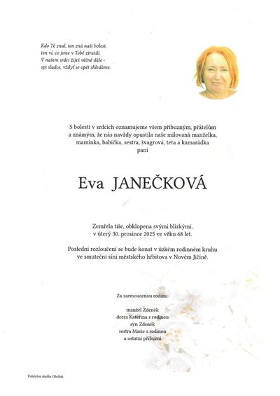 Smuteční oznámení – Eva Janečková