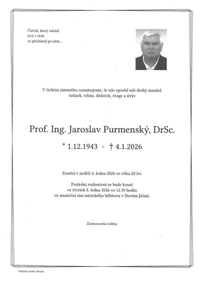 Smuteční oznámení – Jaroslav Purmenský