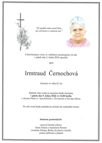 Smuteční oznámení – Irmtraud Černochová