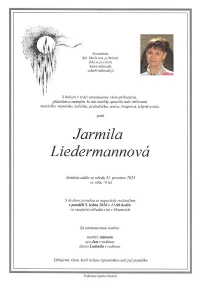 Smuteční oznámení – Jarmila Liedermannová