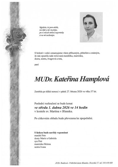 Smuteční oznámení – MUDr. Kateřina Hamplová