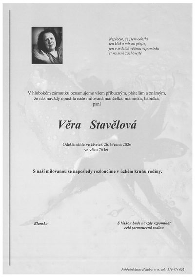 Smuteční oznámení – Věra Stavělová