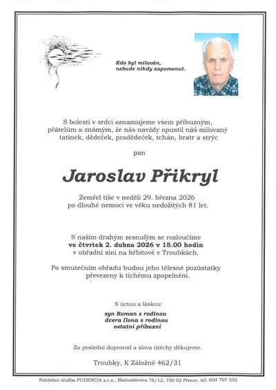 Smuteční oznámení – Jaroslav Přikryl