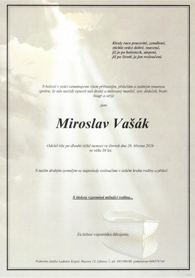 Smuteční oznámení – Miroslav Vašák
