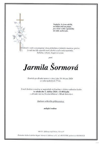 Smuteční oznámení – Jarmila Sormová