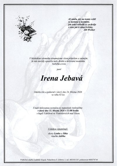 Smuteční oznámení – Irena Jebavá