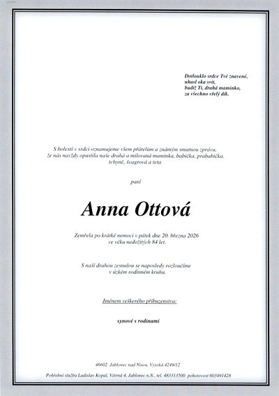Smuteční oznámení – Anna Ottová