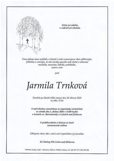 Smuteční oznámení – Jarmila Trnková