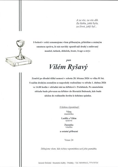Smuteční oznámení – Vilém Ryšavý