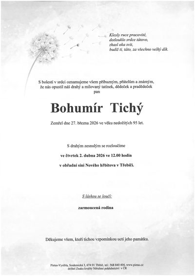 Smuteční oznámení – Bohumír Tichý