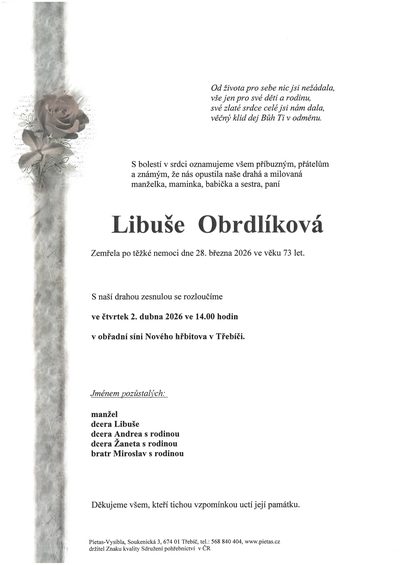 Smuteční oznámení – Libuše Obrdlíková