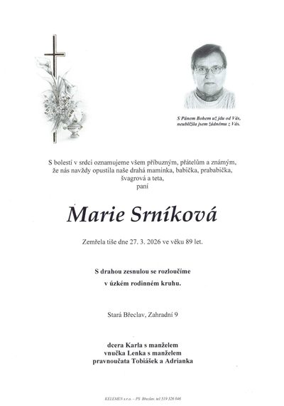 Smuteční oznámení – Marie Srníková