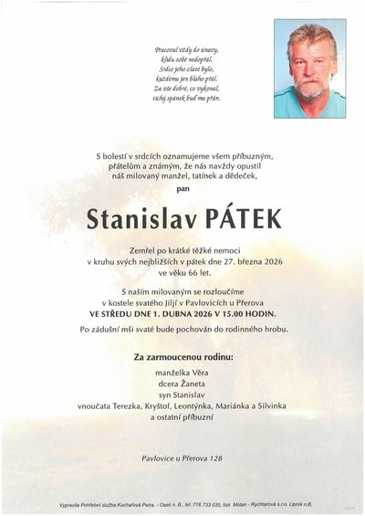 Smuteční oznámení – Stanislav Pátek