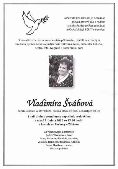Smuteční oznámení – Vladimíra Švábová