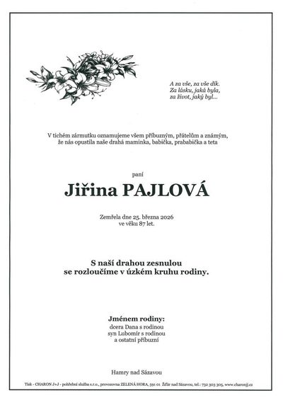 Smuteční oznámení – Jiřina PAJLOVÁ