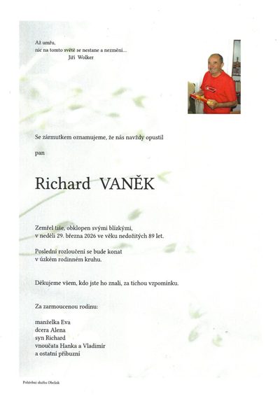Smuteční oznámení – Richard Vaněk
