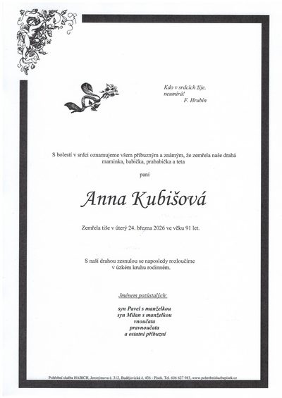 Smuteční oznámení – Anna Kubišová