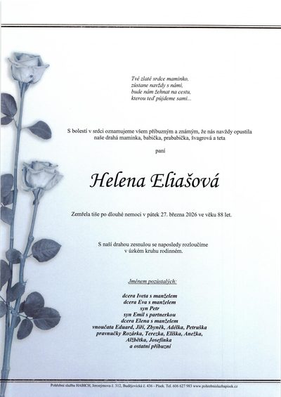 Smuteční oznámení – Helena Eliašová