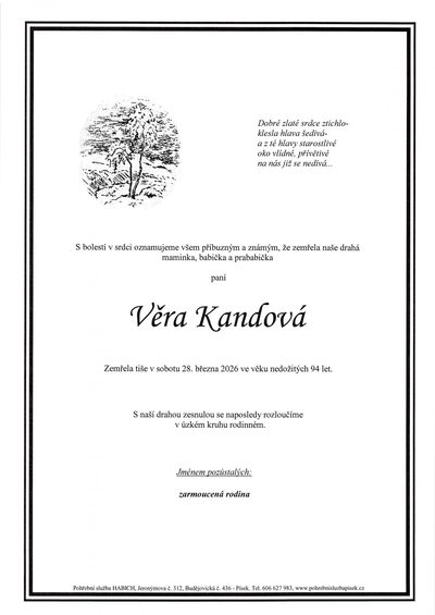 Smuteční oznámení – Věra Kandová