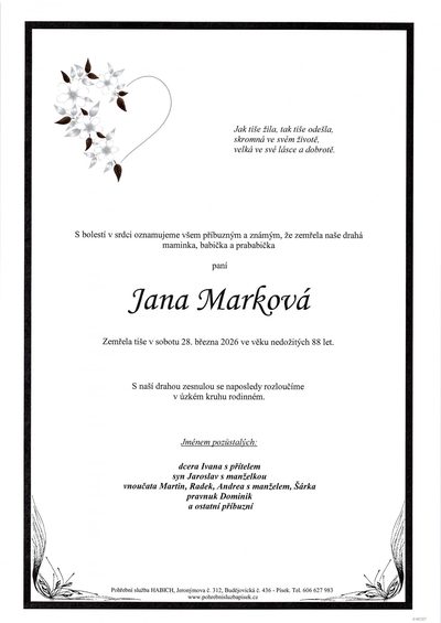 Smuteční oznámení – Jana Marková