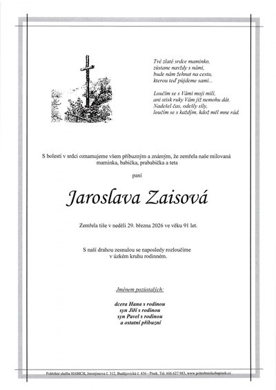 Smuteční oznámení – Jaroslava Zaisová
