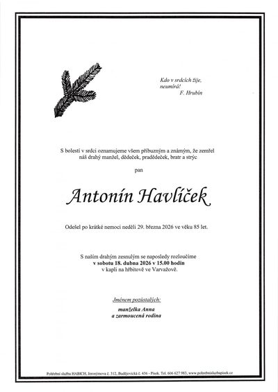 Smuteční oznámení – Antonín Havlíček