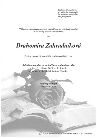 Smuteční oznámení – Drahomíra Zahradníková