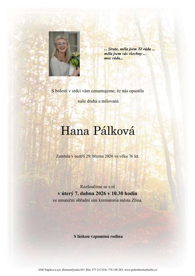 Smuteční oznámení – Hana Pálková