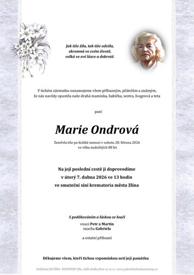 Smuteční oznámení – Marie Ondrová