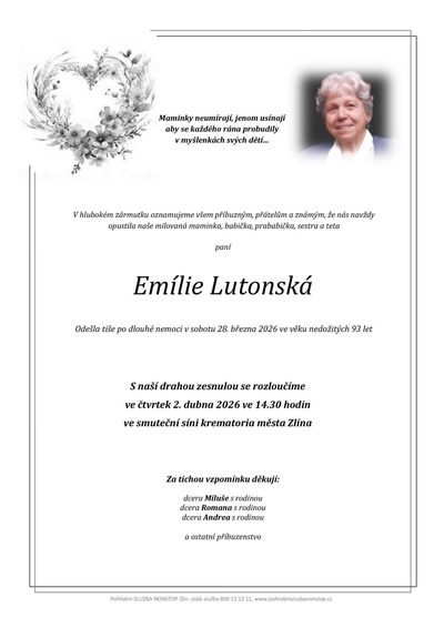 Smuteční oznámení – Emílie Lutonská