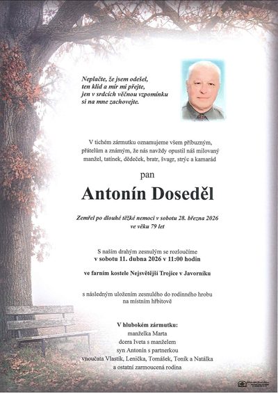 Smuteční oznámení – Antonín Doseděl