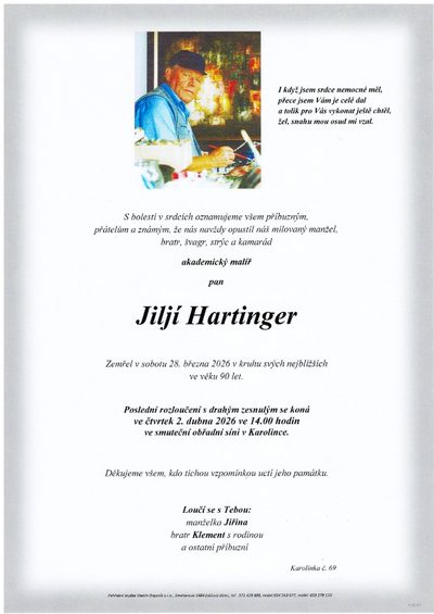 Smuteční oznámení – Jiljí Hartinger