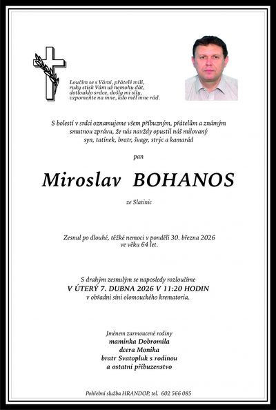 Smuteční oznámení – Miroslav Bohanos