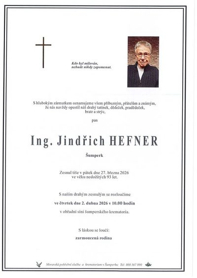Smuteční oznámení – Ing. Jindřich Hefner